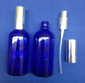100 ml Blue Glass Bottle with spray silver