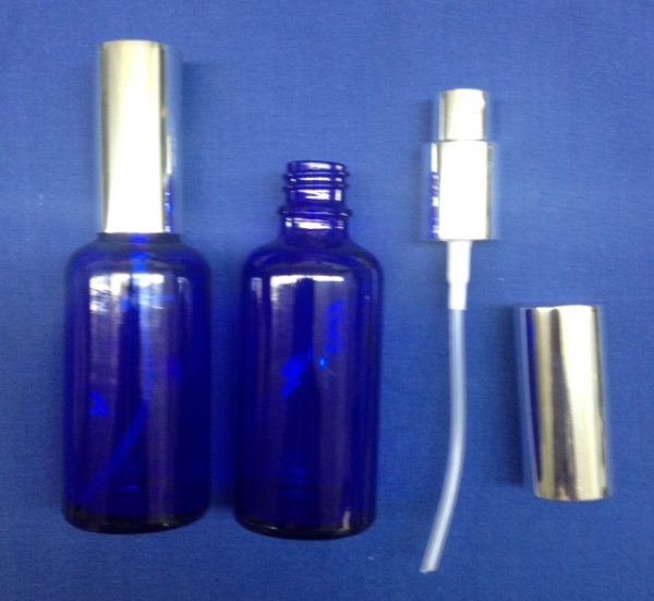 50 ml Blue Glass Bottle with spray Silver
