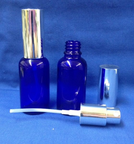 30 ml Blue Glass Bottle with spray silver