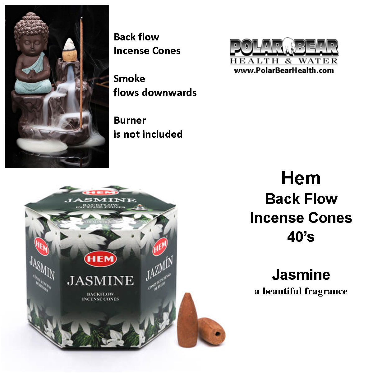 BACKFLOW CONE INCENSE - Jasmine - HEM 40's, Polar Bear Health & Water